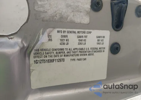 2006 Chevrolet Malibu Lt z USA, uszkodzony, nr VIN 1G1ZT51836F112970